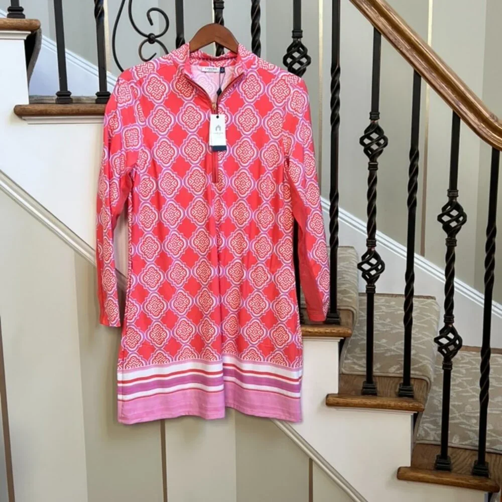 NWT Cabana Life Women’s UPF 50+ Long Sleeve Dress – Coral & White – Size XL - Picture 1 of 7